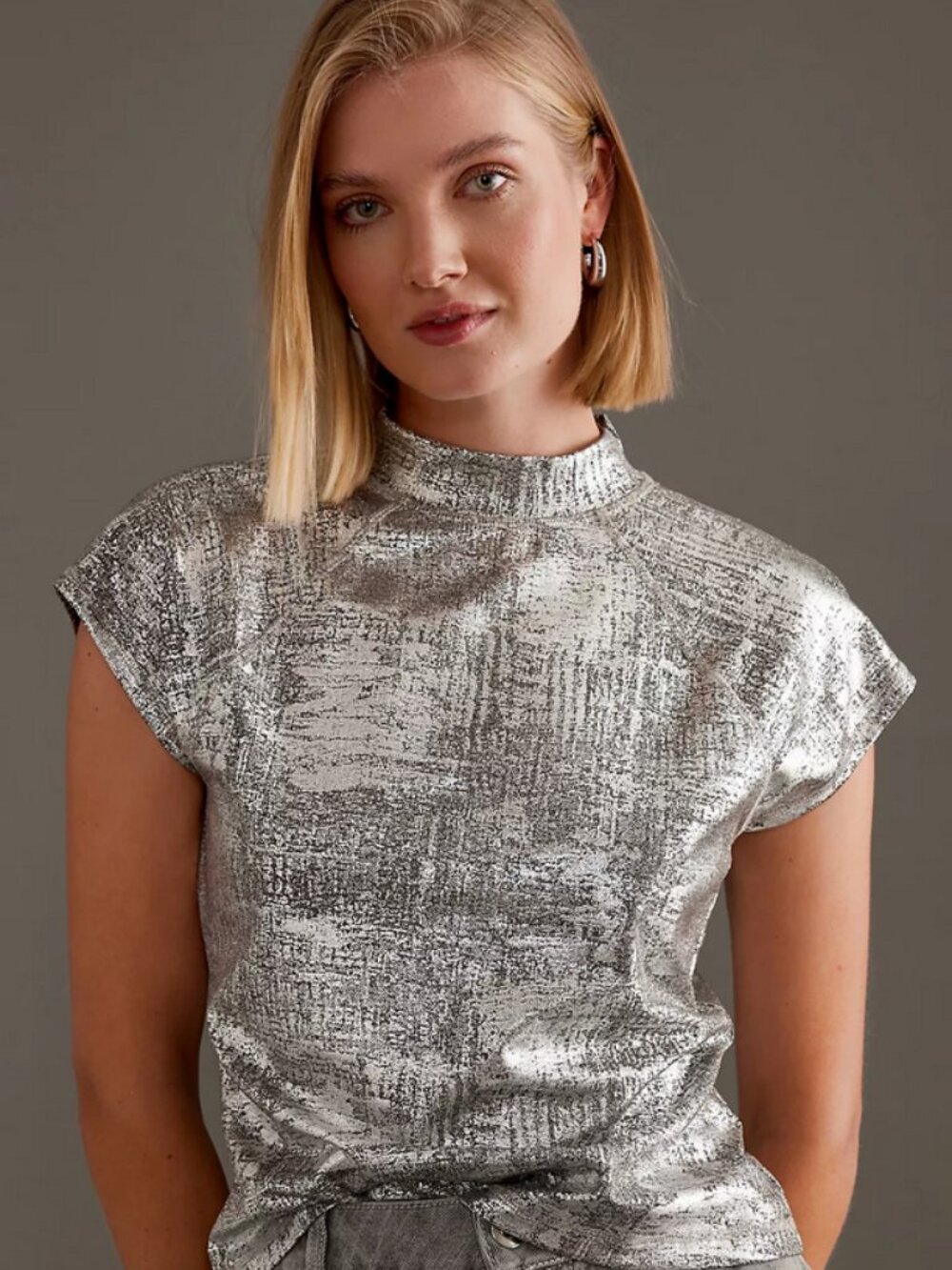 Pilcro Anthropologie Silver Metallic Foil Mock Neck Cap Sleeve Top Size S New